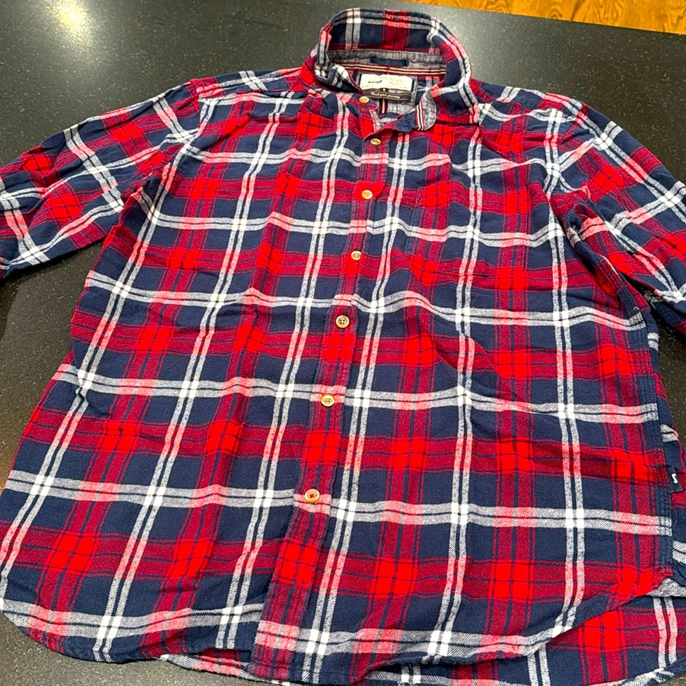 Red denim and flowers flannel shirt, blue, and red and white
